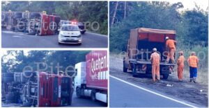 VIDEO – TIR RĂSTURNAT DE 12 ORE, TONE DE RESTURI ARUNCATE, IAR DRUMARII AU VENIT CU UN „COTEŢ”