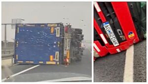 Video – Tir înmatriculat în Argeș, răsturnat de vânt în Turcia