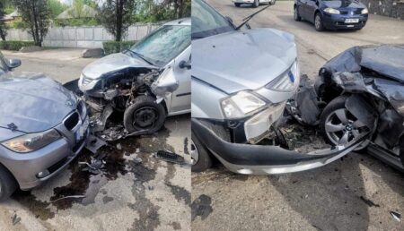 Mașini făcute praf! Impact violent între un BMW și un Logan