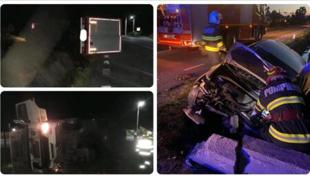 Alte două accidente în Argeș. Tir răsturnat și autoturism intrat într-un cap de pod