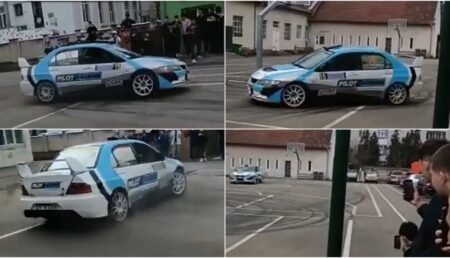 Inconștiență extremă! Drifturi cu o mașină de raliuri în curtea liceului