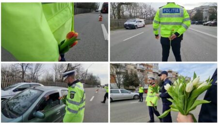 Pitești: Surpriză în trafic pentru șoferițe! Polițiștii le-au împărțit zâmbete și flori