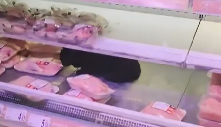 Incredibil! O pisică, surprinsă în timp ce mănâncă direct la raft, într-un mega supermarket