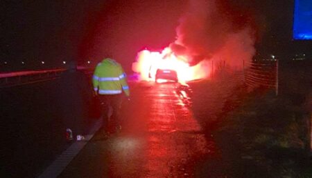 Flăcările au „înghițit” o mașină pe Autostrada A1, Pitești – București. S-a făcut scrum