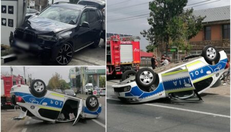 Accident dramatic: Mașină de poliție răsturnată după impact cu un alt autoturism