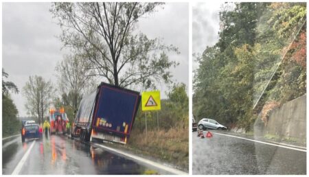 Val de accidente în Argeș: Vremea face ravagii: Un TIR și un autoturism au ajuns în șanț