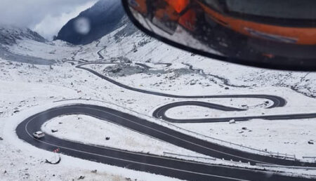 Moment spectaculos pe Transfăgărășan: Ursoaică cu doi pui filmată pe drumul acoperit de zăpadă