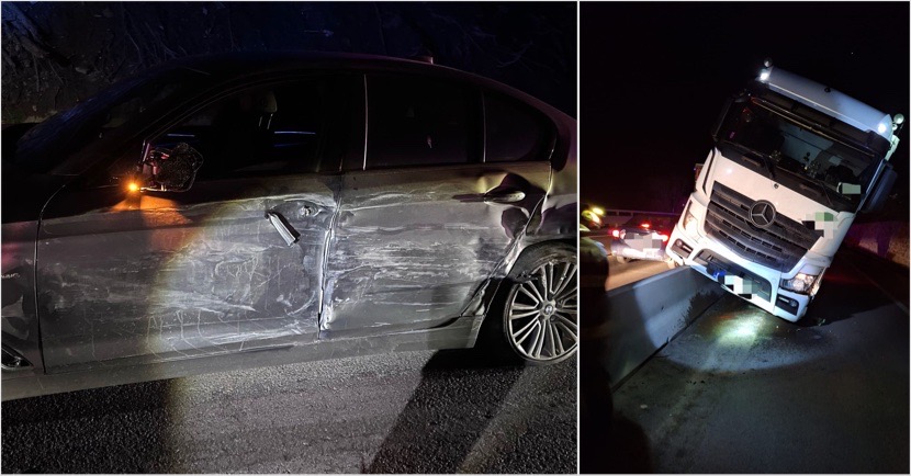 TIR scăpat de sub control pe Valea Oltului! Impact violent cu un auto!