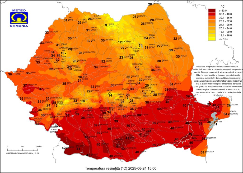 Hartă - temperaturile resimțite la ora 15