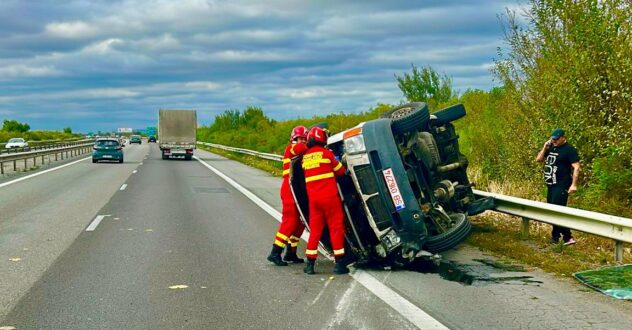 Accident pe A1 București – Pitești! O mașină s-a răsturnat!