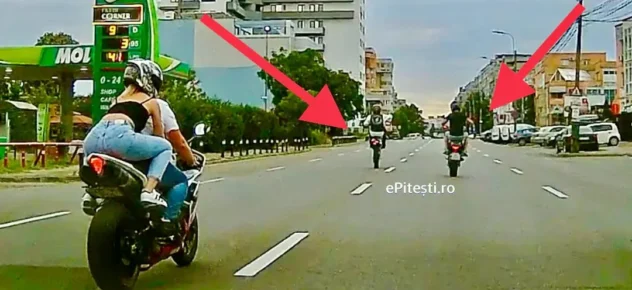 Pitești. Cascadorii periculoase în trafic: Motociclist prins pe o roată
