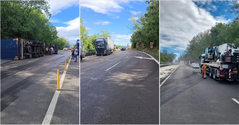Accident grav pe DN7: TIR răsturnat și două persoane rănite