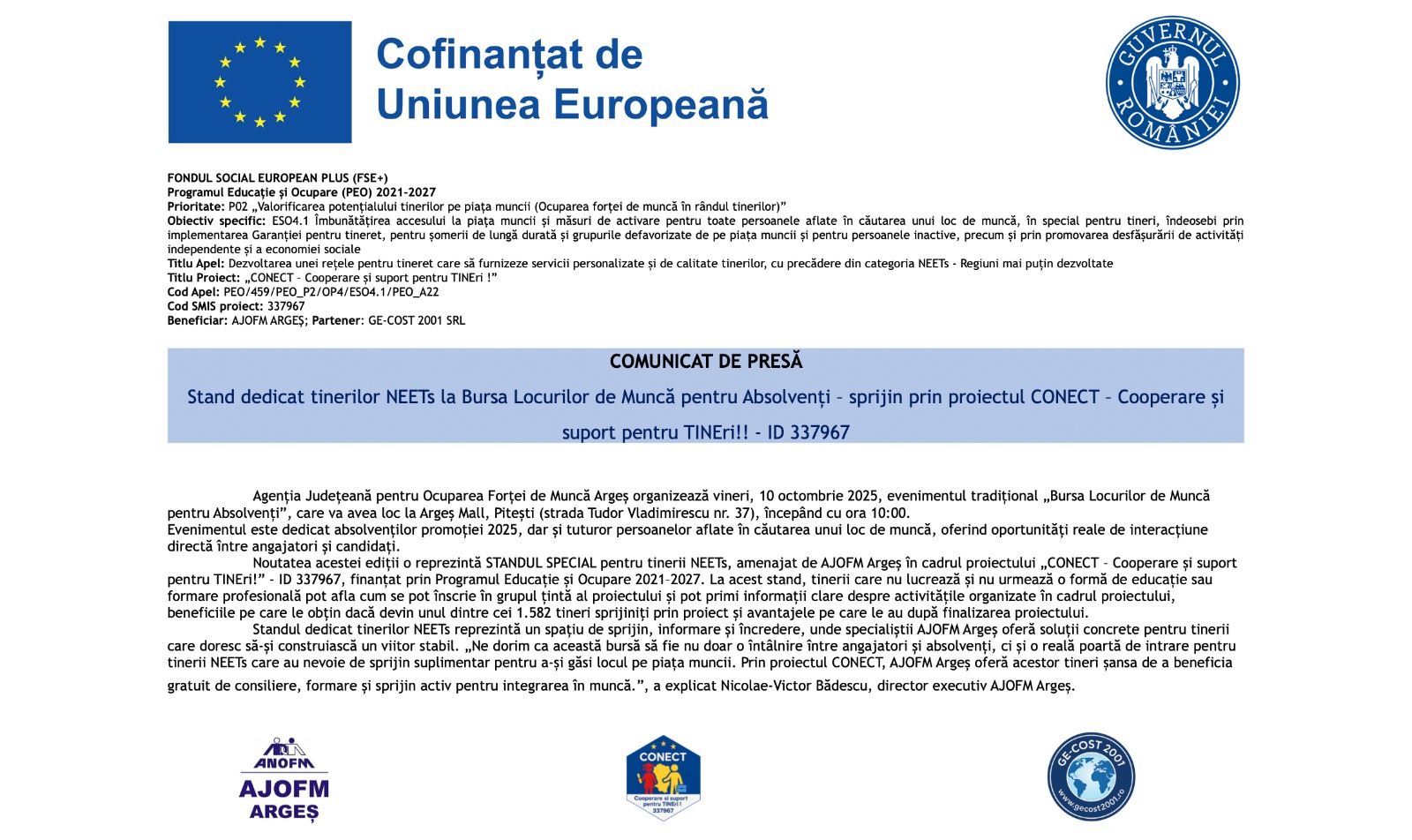 Stand dedicat tinerilor NEETs la Bursa Locurilor de Muncă pentru Absolvenți – sprijin prin proiectul CONECT – Cooperare și suport pentru TINEri!! - ID 337967