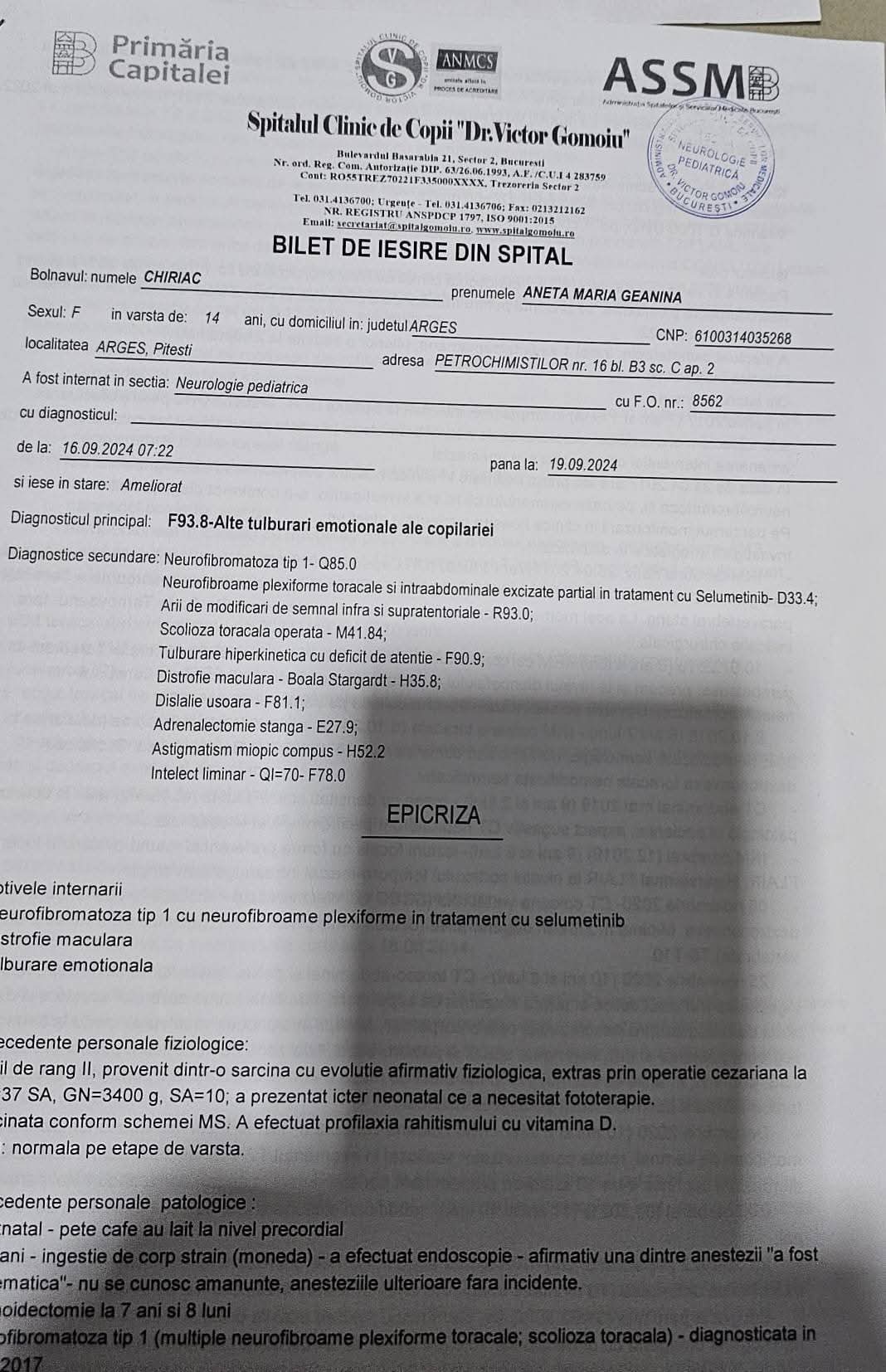 Bilet de externare Chiriac 