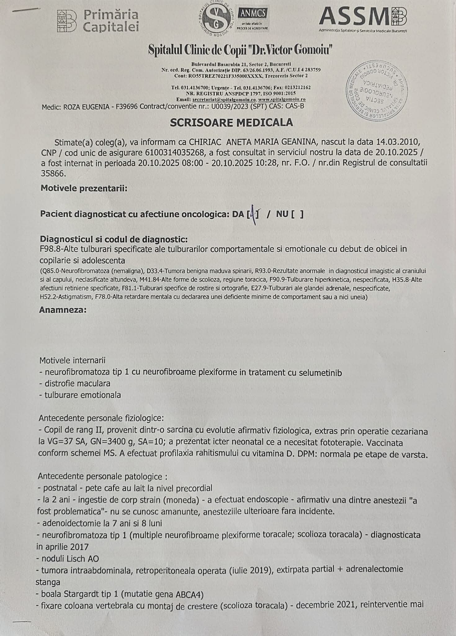 Scrisoare medicală Chiriac Geanina