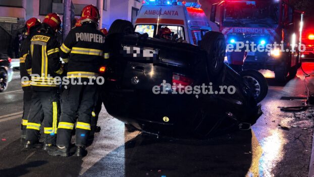 VIDEO: Mașină răsturnată în Pitești! Detalii exclusive!