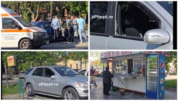 EXCLUSIV. Scene șocante în centrul Piteștiului! Mașini distruse și geamuri sparte lângă Teatrul „Davila”