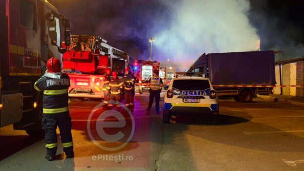 Incendiu violent în Pitești! Flăcări uriașe la En Gros, lângă Lunca Argeșului
