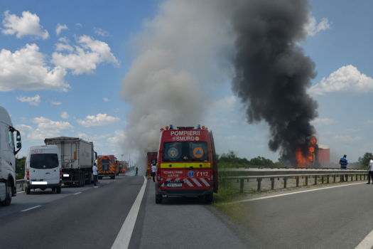 TIR în flăcări pe autostrada A1 București-Pitești!