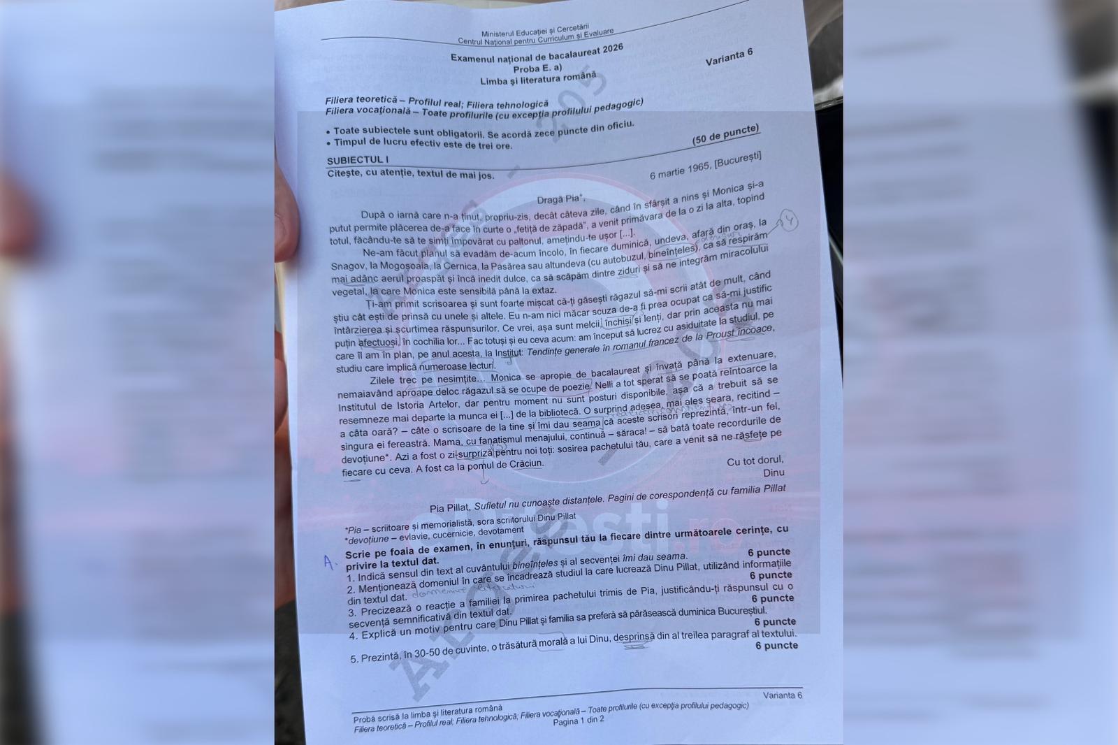 Avem subiectele! Ce a picat la BAC 2026 la Română la profilul real și la uman