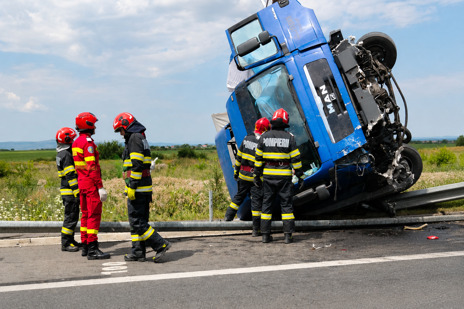 Accident grav pe autostradă! Un camion s-a răsturnat 