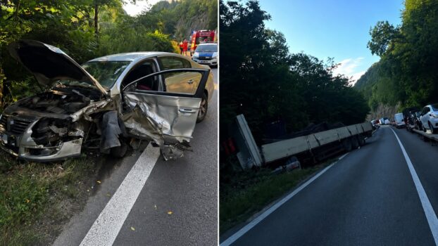 Accident rutier pe DN7, la Călimănești! TIR ieșit în decor după impactul cu un autoturism. Trafic îngreunat