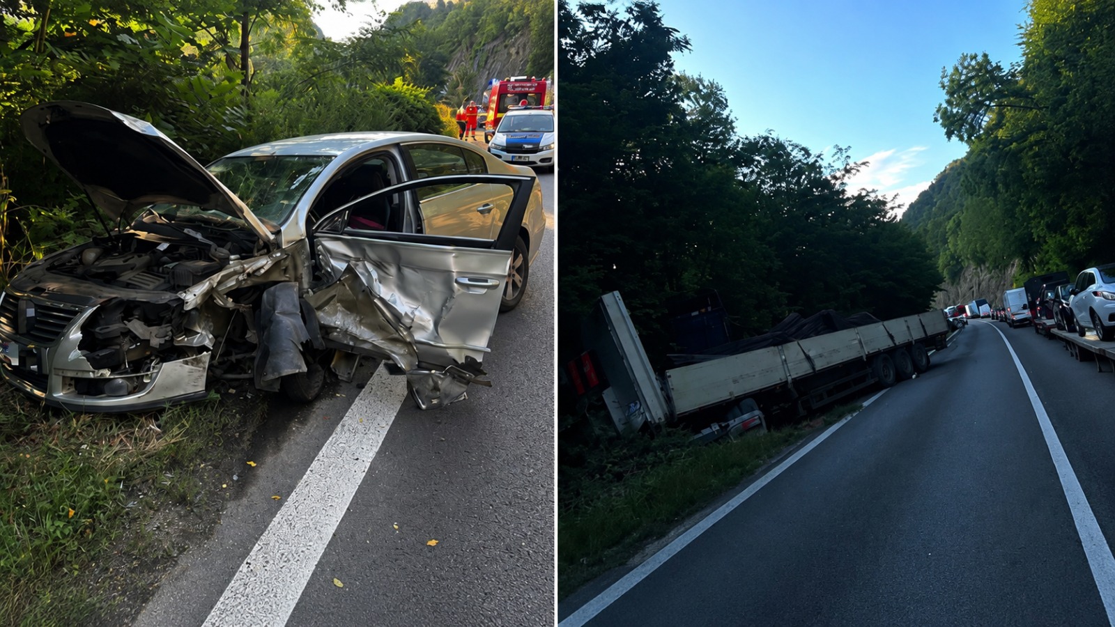 Accident rutier pe DN7, la Călimănești! TIR ieșit în decor după impactul cu un autoturism. Trafic îngreunat
