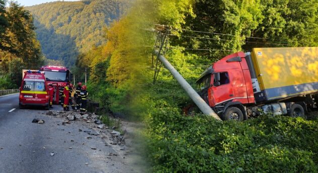 Accident pe DN7 la Brezoi. Trafic dirijat alternativ după ce un TIR a ieșit de pe șosea