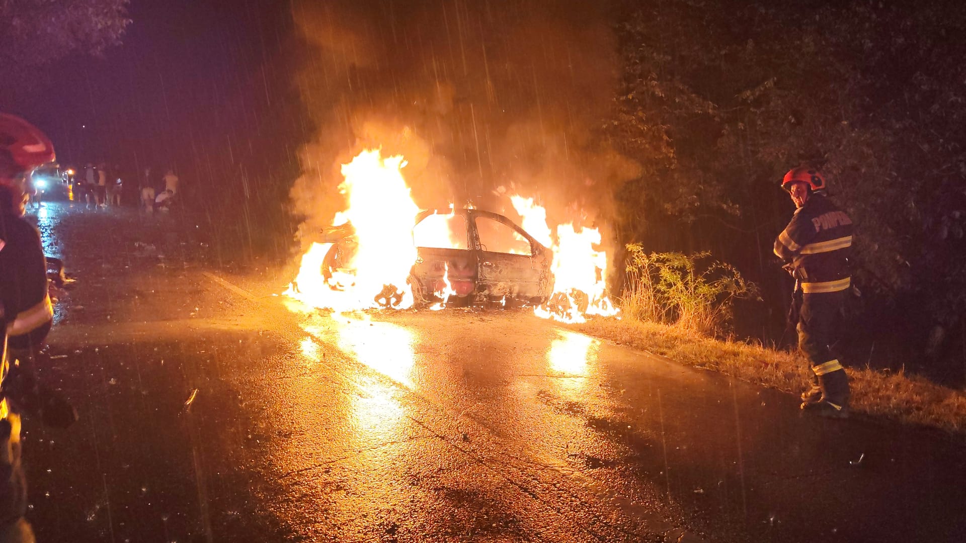 Accident teribil în Argeș: S-a izbit cu mașina de un copac și a luat foc. Un tânăr de 21 de ani a ajuns la spital