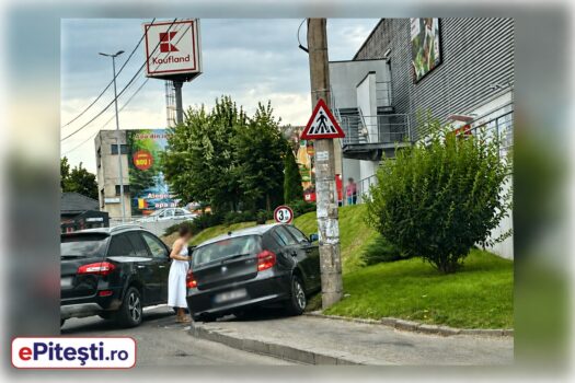 Pitești: O șoferiță a ajuns cu mașina pe trotuar și a rupt un indicator rutier lângă Kaufland Nord
