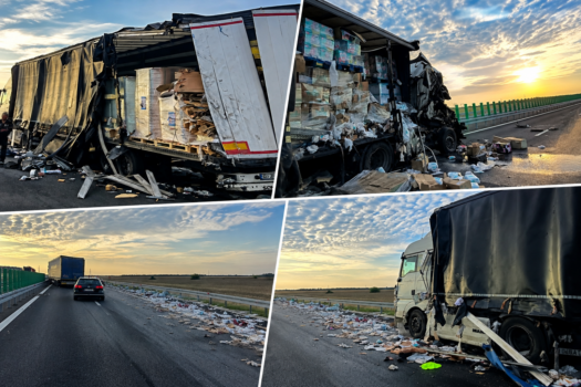 Accident rutier pe A1, spre București: două TIR-uri s-au ciocnit, marfa s-a împrăștiat pe autostradă