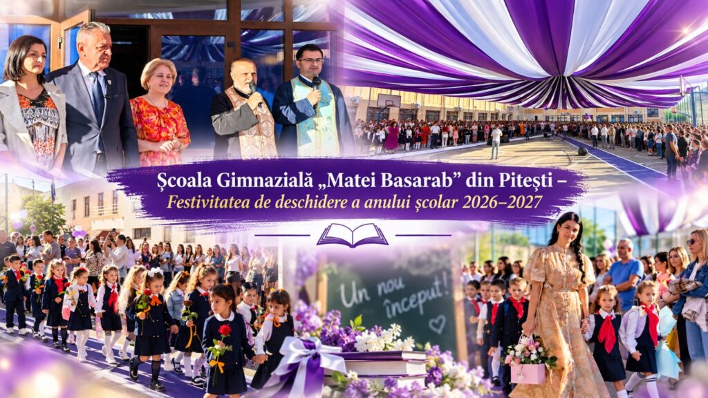 Spectacol alb-violet la Școala „Matei Basarab” din Pitești! Deschidere impresionantă de an școlar, cu o cupolă care a atras toate privirile și o paradă cum nu s-a mai văzut