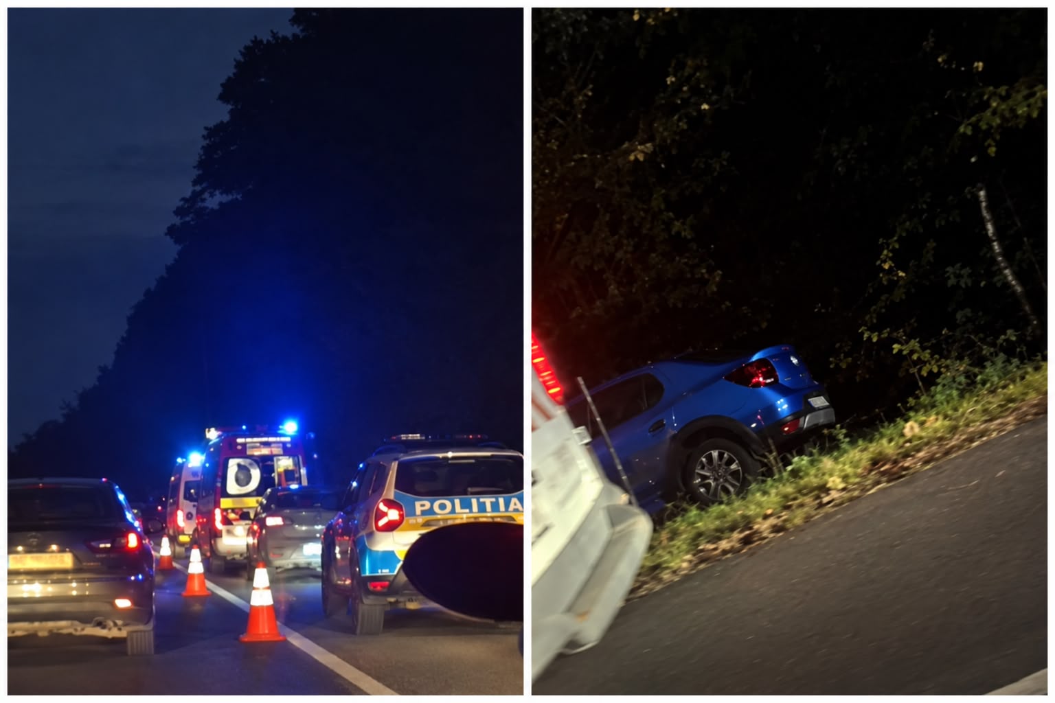 Accident pe A1, spre Pitești! O mașină a ieșit de pe șosea și a ajuns în pădure